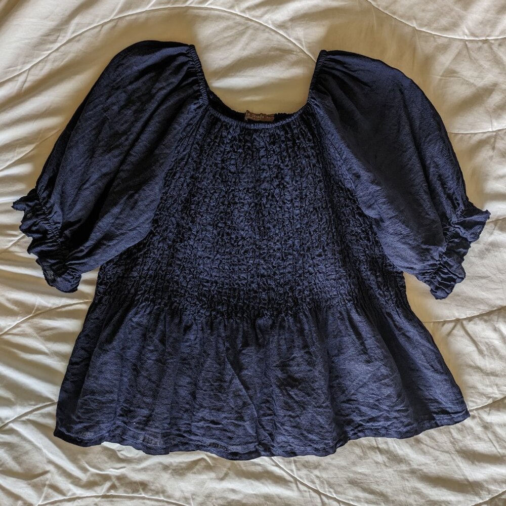 La Strada Made in Italy Linen Puff Sleeve Top Navy size XL